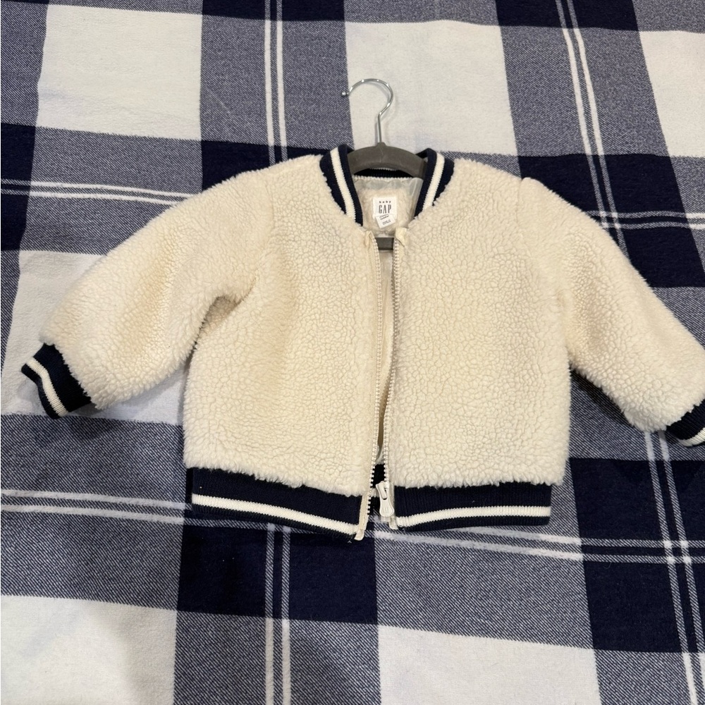 Baby Gap Sherpa fleece bomber varsity jacket white navy blue - Picture 1 of 3